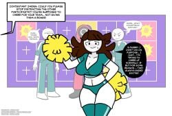 2boys 3boys accurate_art_style aqua_shirt aqua_shorts artist_self-insert bald black_eyes blue_shorts breasts brown_hair cheerleader cleavage clothing colored_skin crop_top cropped_shirt english english_text female green_shirt green_shorts holding holding_pom_poms jaiden jaiden_animations large_breasts long_hair looking_at_viewer male midriff multiple_boys multiple_others navel pom_pom_(cheerleading) shirt shorts smile sportswear standing steca sweatdrop talking talking_to_viewer thelazyart thighhighs white_skin youtube youtuber youtuber_girl youtubers