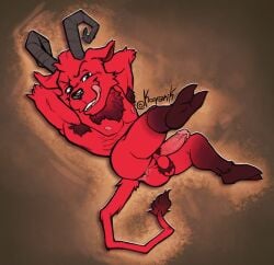 2025 anthro anus armpit_hair ball_tuft balls body_hair bovid brown_background chest_tuft dipstick_tail don't_starve fur genitals hands_behind_head hi_res hooves horn humanoid_genitalia humanoid_penis imp klei_entertainment kooparik licking licking_lips male mammal markings muscular muscular_male nipples penis pink_nipples pose presenting pupils raised_arms raised_leg red_body red_fur signature simple_background smug solo tail tail_markings tongue tongue_out tuft wortox