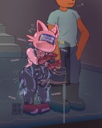 absurd_res anthro boots bottomwear bulge cattiva clothed clothing coat domestic_cat drone dronesuit duo felid feline felis footwear gloves handwear hi_res inside latex latex_clothing latex_gloves latex_handwear leaning_on_another male male/male mammal mask neatnick null_bulge overalls pal_(species) palworld pants partially_submerged pocketpair raincoat shirt shoes standing throbbing topwear visor water working