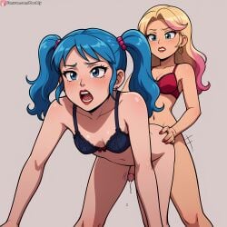 ai_generated anal anal_sex bent_over blonde_hair blue_eyes blue_hair boobly bottomless bra cum cum_while_penetrated doggy_style futa_with_futa futanari intersex open_mouth pink_highlights twintails