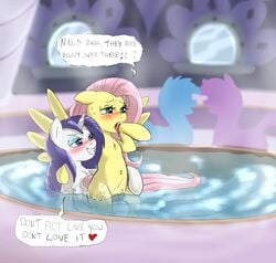 2017 blue_eyes blush cradeelcin cutie_mark dialogue english_text equine eyeshadow female fluttershy_(mlp) friendship_is_magic grin hair half-closed_eyes heart hi_res hooves horn long_hair makeup mammal my_little_pony open_mouth partially_submerged pegasus pink_hair pussy rarity_(mlp) smile straight_hair text unicorn water wings yuri