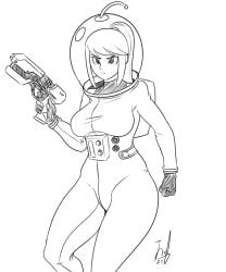 big_breasts black_and_white breasts bubble_helmet female form_fitting huge_breasts jmf lineart metroid nintendo olimar_(cosplay) pikmin pistol samus_aran spacesuit tagme thick_thighs wide_hips