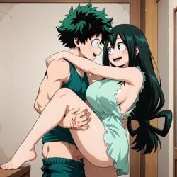 1boy 1boy1girl 1girls ai_generated asui_tsuyu dress eye_contact female female_penetrated green_eyes green_hair hand_on_back izuku_midoriya leg_up light_skin long_hair male male/female male_penetrating male_penetrating_female my_hero_academia penis penis_in_pussy pixai pussy sex silverknight395 thick_thighs tied_hair tsuyu_asui vaginal_penetration vaginal_sex