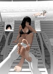 3girls1boy absurdres barefoot between_toes black_toenail_polish feet feet_up female flustered foot_fetish foot_focus foot_massage foot_worship highres holding_feet kidetic kusujinn loving_it male massage mature_female milf poolside soles soles_fetish sunscreen tied_to_twins toes touching_feet twins