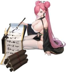 azur_lane bare_shoulders black_background blush breasts calligraphy calligraphy_brush cg cleavage closed_mouth detached_sleeves double_bun earrings female hair_bun hair_over_one_eye halo holding holding_scroll jewelry large_breasts long_hair long_sleeves looking_at_viewer mole nail_polish official_art paintbrush pelvic_curtain pink_hair revealing_clothes scroll seiza simple_background sitting skindentation smile solo thighhighs thighs trieste_(a_brush_of_springtime_ink)_(azur_lane) trieste_(azur_lane) very_long_hair white_thighhighs wide_sleeves