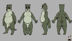 2025 anthro balls ballsack brown_eyes chubby furry green_body green_fur humanoid_genitalia humanoid_penis madjoker male matcha_(cringebird) nonbinary otter penis reference_image reference_sheet river_otter