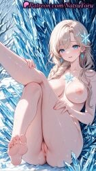 1girls 2025 ai_generated ass bangs barefoot blonde_hair blue_eyes blush braid breasts cleft_of_venus completely_nude disney disney_princess earrings elsa_(frozen) feet frozen_(film) hair_ornament hair_over_shoulder hi_res highres ice jewelry large_breasts leg_up legs long_hair looking_at_viewer natsuyoru nipples nude patreon pussy shaved_vagina sitting smile snowflake_hair_ornament soles solo thighs toes uncensored vagina voluptuous voluptuous_female