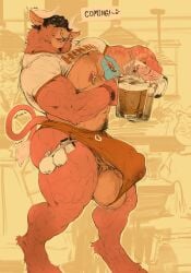 2025 5_fingers alcohol anthro background_character ball_slip balls barely_contained barely_contained_penis beer beverage big_balls big_penis black_hair bodily_fluids body_hair bottomwear bovid bovine cattle clock clothed clothing condom disembodied_hand english_text erebonbon erection facial_piercing filled_condom fingers fur genitals glass hair happy_trail hi_res himbo_hooters holding_glass holding_object hooves krys_(thatbullkrysk) lactating lactating_in_cup male male_lactation mammal muscular muscular_male nipple_piercing nipple_ring nipples nose_piercing nose_ring open_mouth open_smile orange_body orange_fur pecs penis penis_poking_out piercing red_nipples ring_piercing sexual_barrier_device shorts simple_background skimpy smile solo speech_bubble standing sweat text vein watch wearing_condom yellow_background