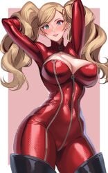 1girls 5:8 ann_takamaki arms_up big_breasts blonde_hair blue_eyes blush bodysuit boots breasts catsuit cleavage cleavage_cutout clothing_cutout covered_navel curvy earrings female female_only full-length_zipper gloves highres huge_breasts jewelry large_breasts latex latex_bodysuit long_hair looking_at_viewer megami_tensei parted_lips persona persona_5 red_bodysuit simple_background skin_tight smile solo stud_earrings teeth thigh_boots twintails very_long_hair volyz white_background zipper