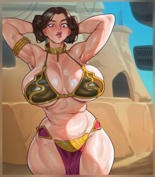 1girls alternate_version_available armlet barely_contained_breasts belly_dancer belly_dancer_outfit belly_rolls big_breasts big_nose breasts brown_eyes brown_hair bursting_breasts cleavage collar double_bun female female_only femsub hair hands_behind_head harem_girl harem_outfit hi_res highres huge_breasts large_breast large_breasts massive_breasts mikiron nose overflowing_breasts princess_leia_organa return_of_the_jedi slave slave_bikini slave_collar slave_leia slave_outfit slavegirl solo source_request standing star_wars submissive top_heavy voluptuous_female