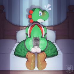 anal anal_sex anthro ass balls bed bedroom buttplug buttplug_in_ass buttplug_insertion chastity_cage chastity_device clothing collar fishnet_clothing fishnet_legwear fishnet_stockings footwear furniture genitals green_yoshi hi_res legwear looking_at_viewer male mario_bros n1k0 nintendo object_in_ass penetration plug_(sex_toy) plug_insertion sex_toy sex_toy_in_ass sex_toy_insertion shoes solo spiked_collar spikes yoshi
