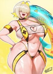 bangs bangs_over_eyes blonde_hair breasts elegg_(nikke) female female_only floatie goddess_of_victory:_nikke gojich1 hand_on_hip huge_breasts open_mouth smiling solo swimsuit thick_thighs