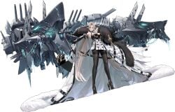 armpits azur_lane bare_shoulders black_bra black_footwear black_gloves black_pantyhose blonde_hair blue_eyes breasts cannon cape cg cleavage closed_mouth coat coat_dress coat_on_shoulders dress elbow_gloves female full_body fur-trimmed_coat fur_trim gloves hair_ornament high_heels holding holding_sword holding_weapon ice kronshtadt_(azur_lane) large_breasts long_hair looking_at_viewer machinery military mole mole_on_breast official_art outstretched_arm pantyhose rigging sheath sheathed simple_background sleeveless smile solo standing sword thighband_pantyhose turret underwear very_long_hair weapon white_background white_coat white_dress