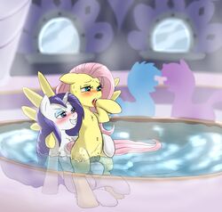 2017 blue_eyes blush cradeelcin cutie_mark equine eyeshadow female fluttershy_(mlp) friendship_is_magic grin hair half-closed_eyes hi_res hooves horn long_hair makeup mammal my_little_pony open_mouth partially_submerged pegasus pink_hair pussy rarity_(mlp) smile straight_hair unicorn water wings yuri