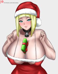 1girls alternate_breast_size bare_shoulders bell big_breasts blonde_hair blue_eyes blunt_bangs blush bob_cut breasts breasts_bigger_than_head busty choker christmas cleavage cutout dress eyebrows_visible_through_hair female female_only fur_trim gift gift_box holidays hourglass huge_breasts human large_breasts light-skinned_female light_skin long_hair mature mature_female mature_woman naruto naruto_(series) naruto_shippuden neckwear nexus-sig no_bra object_between_breasts paizuri_invitation pale-skinned_female pale_skin present presenting presenting_breasts revealing_clothes samui santa_hat seductive seductive_eyes seductive_look seductive_smile shiny shiny_hair shiny_skin shoulder_length_hair solo submissive_pose tease teasing underboob_cutout upper_body voluptuous wide_hips