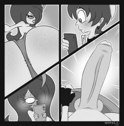 1boy 1girls 2024 alternate_version_available anus big_ass big_penis blush buckteeth cellphone female freckles juniper_(moteluxionas) male male/female monochrome moteluxionas one_eye_covered penis presenting_hindquarters presenting_penis selfie teasing underwear