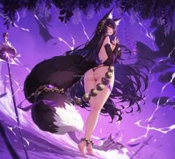 ahoge animal_ear_fluff animal_ears anklet ass azur_lane bare_shoulders barefoot beads black_hair black_panties breasts bridal_gauntlets cg facial_mark feet female fox fox_ears fox_girl fox_tail from_behind full_body hair_ornament jewelry kitsune large_breasts legs long_hair looking_at_viewer looking_back magatama musashi_(azur_lane) official_art panties parted_lips prayer_beads solo standing sword tail thighs thong underwear very_long_hair weapon whisker_markings wisteria yellow_eyes