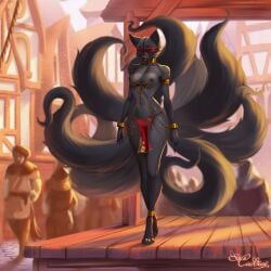 anthro ball_gag big_tail black_body black_fur blindfold bondage bondage bound breasts caddea canid canine chains clothing collar cuff_(restraint) curvy_figure female fox fox_spirit fur gag genitals gold_(metal) gold_chain gold_collar gold_jewelry gold_shackles group harem_girl harem_jewelry harem_outfit hi_res jewelry mammal metal_collar multi_tail nipple_chain nipple_piercing nipples piercing restraints rozalina_dmitriyevna sex_slave shackled_ankles shackled_wrists shackles slave solo solo_focus tail translucent translucent_clothing vulva