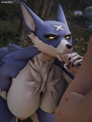 3d 3d_(artwork) anthro anthro_focus anthrofied big_breasts black_nails blowjob_face blue_body blue_fur blurred_background bodily_fluids breasts canyne capcom chest_fur chromatic_aberration colored_nails cum cum_in_mouth cum_inside cum_on_penis digital_media_(artwork) dripping drooling duo erection fellatio female female_focus forest fur genital_fluids genitals glowing glowing_eyes hand_on_penis handjob hi_res holding_penis human human_on_anthro interspecies looking_at_viewer male male/female mammal monster_hunter nails nipples nude nude_anthro nude_female nude_human nude_male oral outdoor_nudity outside outside_sex palamute palamute_(zero) penile penis penis_in_mouth plant saliva saliva_drip sex solo_focus stinkicatz tail tree watermark white_body white_fur yellow_eyes