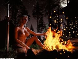3d breasts campfire cd_projekt_red ciri completely_nude female freckles green_eyes jackgb light-skinned_female mascara night nipples nude outdoors scar solo solo_female sword tattoo the_witcher_(series) the_witcher_3:_wild_hunt white_hair