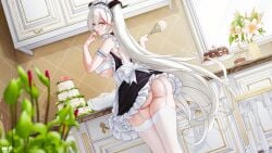 ägir_(azur_lane) aegir_(azur_lane) aegir_(iron_blood's_dragon_maid)_(azur_lane) apron arm_garter ass azur_lane bare_shoulders breasts cake cg cream cream_on_face demon_horns dress female flower food frilled_apron frilled_dress frilled_hairband frills from_behind garter_straps hair_on_horn hairband holding horns indoors kitchen large_breasts licking licking_finger long_hair looking_at_viewer looking_back maid maid_apron maid_headdress multicolored_hair no_panties official_alternate_costume official_art plant red_hair sleeveless solo strawberry streaked_hair thighhighs thighs tongue tongue_out two-tone_hair underboob underbutt very_long_hair whisk white_apron white_garter_straps white_hair white_thighhighs yellow_eyes