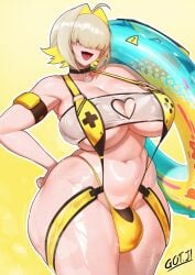 bangs bangs_over_eyes blonde_hair breasts bulge elegg_(nikke) floatie futa_only futanari goddess_of_victory:_nikke gojich1 hand_on_hip huge_breasts intersex open_mouth smiling solo swimsuit thick_thighs thong