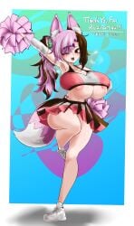 ;d absurdres animal_ears areola_slip arm_up breasts brown_eyes brown_hair cheering cheerleader cheerleader_uniform cleavage commentary commission dated english_commentary english_text female fox_ears fox_girl fox_tail highres large_ass large_breasts leg_up legs massive_breasts multicolored_hair multicolored_skirt neo_(rwby) neopolitan_(rwby) nipples odakubara one_eye_closed pink_hair pleated_skirt pom_pom_(cheerleading) rwby signature skeb_commission skirt smile solo split-color_hair standing standing_on_one_leg sweat sweating tail thick_thighs