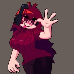 1girls auburn_hair big_breasts breasts female friday_night_funkin friday_night_funkin_mod girlfriend_(friday_night_funkin) glasses headphones megane pose red_hair red_sweater rerun_gf reser simple_background thighs vs._sonic.exe_rerun