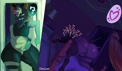 absurd_res after_sex annoyed anthro antlers ass big_butt bodily_fluids bound chiru_(checky) clothing crop_top femboy hand_print heart_symbol hi_res horn instant_loss_2koma jackalope lagomorph male male/male mammal questionable_consent shirt starstar000 sweat thick_thighs topwear