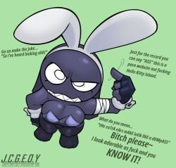1girls anthro brat bratty broke_(jumpbreak96) bunny_ears bunny_girl bunnysuit cleavage dark-skinned_female dark_skin dialog dialogue jcgeoy_(artist) jumpbreak96 lagomorph mocking pissed_off playboy_bunny shortstack solo