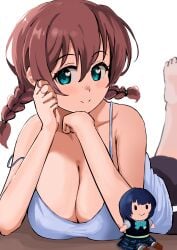 absurdres aqua_eyes asaka_karin bare_arms barefoot black_shoes blue_camisole braid breasts brown_hair camisole character_doll cleavage closed_mouth collarbone doll double_strap_slip emma_verde female freckles hair_between_eyes heart heart-shaped_pupils highres large_breasts looking_at_viewer love_live! love_live!_nijigasaki_high_school_idol_club low_twintails lying on_stomach pisagi shoes smile solo strap_slip symbol-shaped_pupils the_pose twin_braids twintails