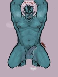 abrams_(deadlock) avantiver balls beard bite_mark bodily_fluids body_hair cum deadlock demon eyewear facial_hair genital_fluids genitals glasses hi_res horn humanoid kneeling leaking_cum male male_only muscular not_furry penis solo valve