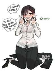 black_hair black_pants blucky_spicy blush brown_eyes chainsaw_man double_v english_text female hair_ornament hairclip high_heels kneeling kobeni_higashiyama milestone_celebration mole pants profanity shirt shoes smile solo speech_bubble