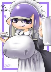 1girls alternate_version_at_source artist_signature big_breasts blush breasts dated inkling inkling_girl lactation lactation_through_clothes long_hair looking_at_viewer maid maid_apron maid_dress maid_headdress maid_outfit maid_uniform milk nintendo pitcher purple_eyes purple_hair serving_drink serving_tray shin_arialente simple_background solo splatoon splatoon_(series) tea_cup tentacle_hair