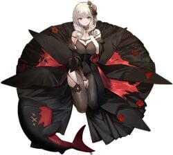 :q azur_lane bare_shoulders black_background black_choker black_dress black_thighhighs breasts cg choker cleavage covered_navel detached_sleeves dress drill_hair female flower full_body garter_straps hair_flower hair_ornament kneeling lützow_(azur_lane) lützow_(everlasting_blood_banquet)_(azur_lane) large_breasts long_dress long_hair looking_at_viewer nail_polish official_art red_eyes red_flower red_nails red_rose rose simple_background sitting smile solo thighhighs tongue tongue_out white_hair