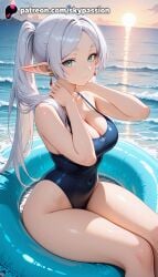 1girls 2025 ai_assisted ai_generated anime artist_name beach blue_swimsuit boat breast breasts breasts breasts bust chest cleavage covered_navel cross_earrings day earrings elf explicit female frieren hi_res high_quality high_resolution highres holding_innertube horizon innertube jewelry long_hair looking_at_viewer ocean one-piece_swimsuit outdoors patreon patreon_username planet pointy_ears pool poolside sand shore silver_hair sitting skypassion solo sousou_no_frieren stable_diffusion swimsuit thighs very_long_hair water watercraft watermark waves wet