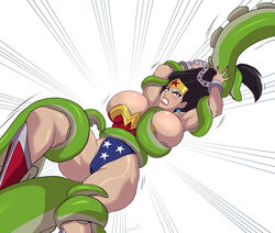 angry areola_slip bondage breasts bursting_breasts chained clenched_teeth dc_comics female female_only huge_breasts leotard muscular_female tentacle thick_thighs tiara wonder_woman wonder_woman_(series) zetarok