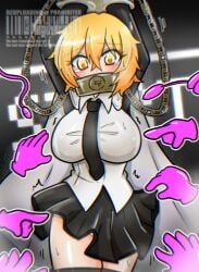 limbus_company project_moon don_quixote_(limbus_company) index_don_quixote index_(identity)_(project_moon) 1girls multiple_hands egg_vibrator chains chained chained_wrists collar thighhighs skirt underwear long_sleeves blonde_hair yellow_eyes blush shirt white_shirt necktie black_necktie cape white_cape short_hair breasts large_breasts arms_up handcuffs