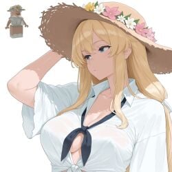 1girls 2025 2d ai_generated big_breasts cl4wny clothed clothing curvy flower flower_in_hair light-skinned_female light_skin perfect_body roblox roblox_avatar robloxian skinny sunhat white_background