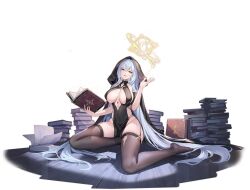 arkhangelsk_(azur_lane) arkhangelsk_(supporting_sorceress)_(azur_lane) azur_lane bare_shoulders between_breasts black_background black_dress black_thighhighs blue_hair book book_stack breast_curtains breasts cg cleavage covered_navel dress female floating_object full_body hand_up holding holding_book large_breasts long_hair looking_at_viewer magic no_shoes nun official_art on_floor open_book parted_lips pelvic_curtain revealing_clothes simple_background sitting smile solo thighhighs thighs veil very_long_hair yellow_eyes yokozuwari