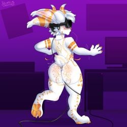 absurd_res anthro ass balls biped blazestudio deer dragon fur genitals hi_res hobkin hybrid inside lagomorph leporid male mammal mythological_creature mythological_scalie mythology nude nude_anthro rabbit scalie solo virtual_reality vr_headset white_body white_fur