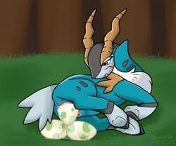 2017 anus birth blush cervine cobalion egg egg_laying female female_only feral hooves horn legendary_pokémon mammal mysterious_mew nintendo pokémon_(species) pokemon pokemon_egg solo