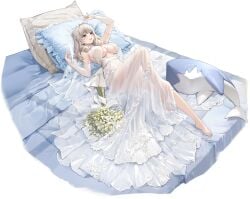 arm_up azur_lane bare_shoulders barefoot bed bouquet breasts bridal_gauntlets bridal_veil brown_eyes cg cleavage dress earrings elbow_gloves female flower full_body gloves grey_eyes grey_hair holding jewelry lützow_(azur_lane) large_breasts long_dress long_hair looking_at_viewer lying official_art on_back on_bed open_mouth pillow see-through smile solo stuffed_animal stuffed_shark stuffed_toy veil wedding_dress white_dress white_flower
