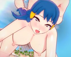 blue_eyes blue_hair dawn_(pokemon) doggy_style koikatsu large_breasts nude nude_female pokemon river_rock sex vaginal_penetration