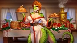 1girls anthro anthro_female claws clothed clothed_female dress dressed eyelashes fangs female female female_focus female_only furry furry_female green_body horns horny horny_female humans_are_not_that_against_lizardwomen humans_are_not_that_against_lizardwomen_2 indoors lizard lizard_girl lizard_humanoid muscular muscular_anthro muscular_arms muscular_female naughty_face original original_art original_artwork original_character original_characters original_female_character piercing piercings reptile reptile_girl russian_clothes russian_dress scales scalie scalie_female side_view smirk solo solo_female tail thick thick_legs thick_thighs thighs veinte video_game video_game_character video_games yellow_eyes