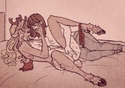 ambiguous_gender anthro antlers deer deer_girl deltarune female female/ambiguous finger_fuck finger_in_mouth fingering kris_(deltarune) kris_female_(deltarune) noelle_holiday nonbinary panties_around_one_leg pussy vaginal_fingering yuri