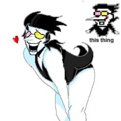 1cuntoby black_hair cuntboy deltarune deltarune_chapter_2 exposed_thighs glasses intersex lingerie male needy pale-skinned_male pixel_art pixelated ponytail puppet shy_smile smaller_male solo_focus spamton_g_spamton suit white_body