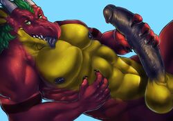 2015 abs absurd_res anthro athletic balls big_balls big_penis chumbasket claws digital_media_(artwork) dragon erection fangs green_hair hair hi_res horn huge_cock humanoid_penis looking_at_viewer male male_only muscular nipples nude pecs penis red_skin reptile scales scalie solo tongue yellow_skin