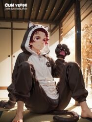 ai_generated big_balls big_butt big_penis bulge bulge_through_clothing cat_boy cat_ears catboy clothed clothing demon_slayer feet feline gay gay_male kamado_tanjirou yaoi