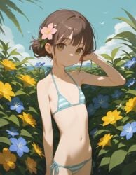 ai ai_generated bikini brown_eyes brown_eyes_female brown_hair bun_hair cute flat_belly flat_chest flat_chested flower flower_in_hair hair_bun innocent klaiialk oc original original_character outside skinny skinny_girl two_piece_swimsuit